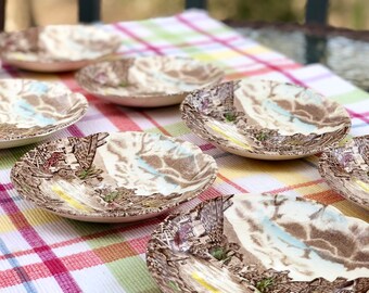 Vintage-Dinner Plates-Salad Plates-Bread Plates-Sauce Dish-Olde English Countryside-England-Johnson Bros.-Ironstone-Brown-White-Dishware
