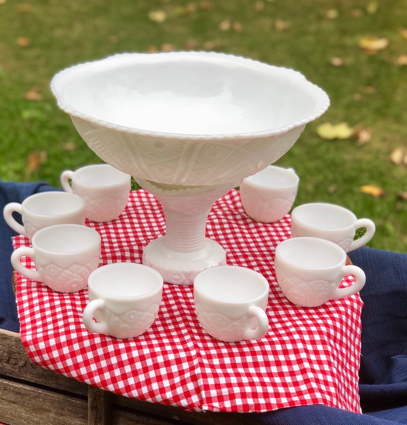 Mckee Concord Milk Glass Punch Bowl Set Bowl Etsy