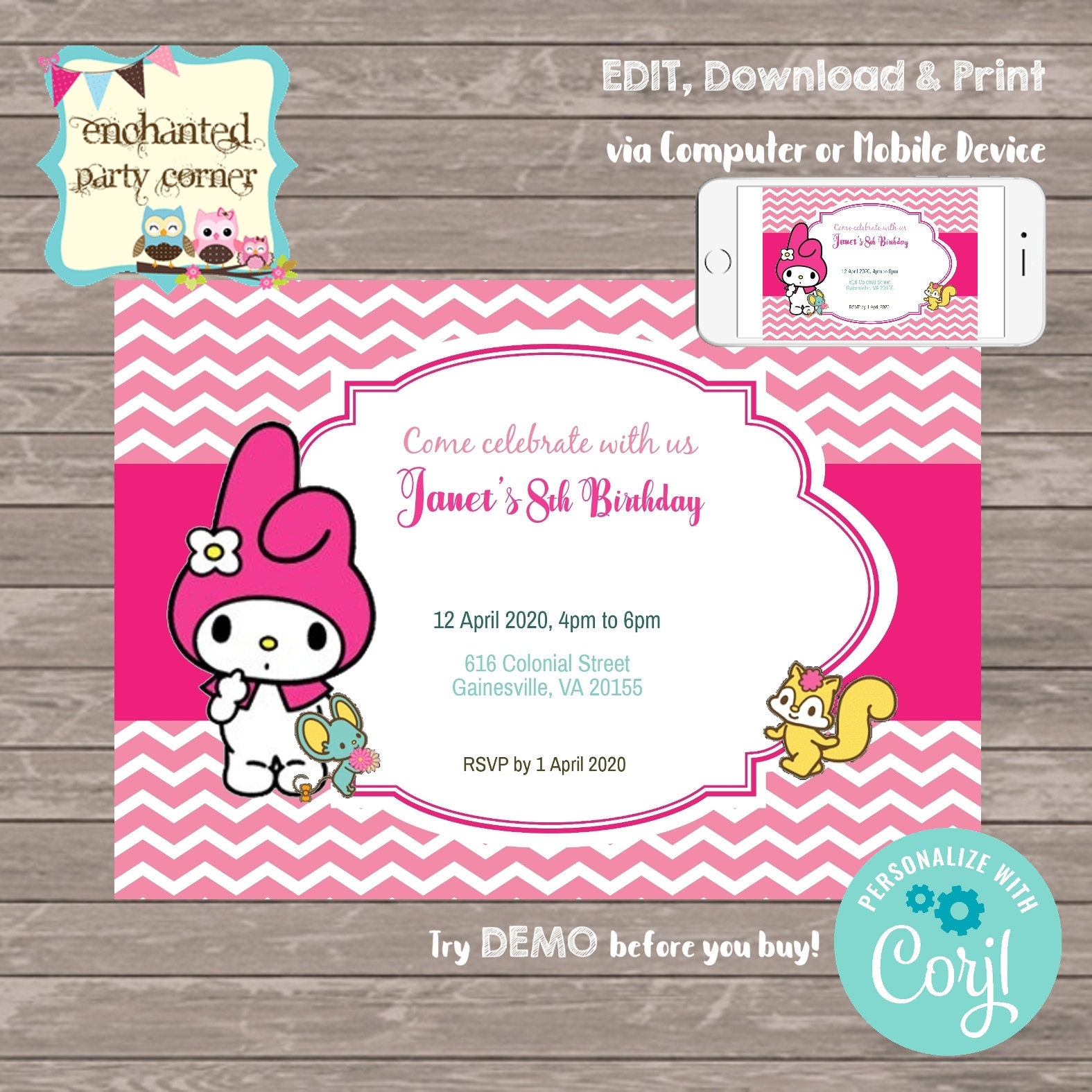 Cute My Melody Birthday Invite Card 100 Editable Invite Etsy