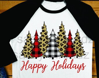 Buffalo Plaid Leopard Christmas Trees Happy Holidays download sublimation direct to garment printing DIY png jpg custom