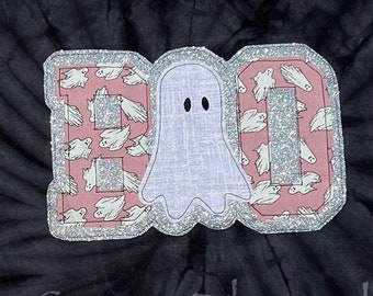 Black Tie Dye Halloween Glow in the Dark Boo and Ghost Glitter Applique and Embroidery Tee