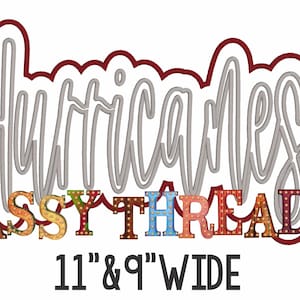 Könnte beinhalten: Ein farbenfrohes, mehrfarbiges, beleuchtetes Schild mit der Aufschrift "Hurricanes Sassy Threadz" und rotem Rand. Das Schild ist 11 Zoll breit und 9 Zoll breit.