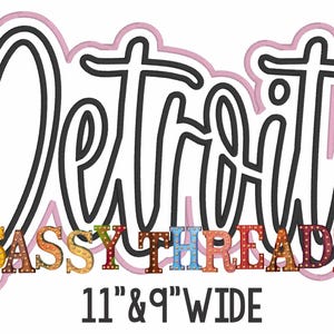 Pode incluir: Contorno preto e branco da palavra "Detroit" com um contorno rosa. Abaixo da palavra está o texto "SASSY THREADZ" em letras coloridas com lâmpadas. O texto "11" & 9" WIDE" está abaixo das letras.