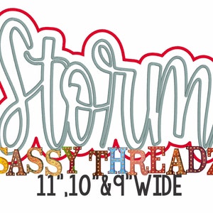 May include: A graphic design with the word "Storm" in a cursive font, outlined in red and filled with a light blue color. Below, the text "Sassy Threadz" is in a marquee-style font, with the words "11", "10", and "9" wide.