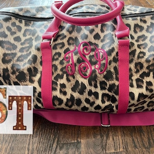 Monogram Leopard Weekender Tote Bag with Pink Handles
