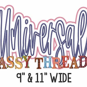 Könnte beinhalten: Ein lila und pinkfarbenes Grafikdesign mit dem Text "Universal Sassy Threadz" und dem Text "9" & "11" WIDE" darunter.