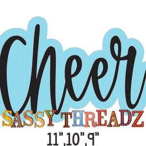 May include: A blue background with the word "Cheer" in black script. Below the word "Cheer" is the text "SASSY THREADZ" in colorful letters with light bulbs. The text "11.10.97" is below the text "SASSY THREADZ".