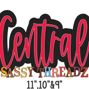 May include: A red cursive logo with the word "Central" in large letters. Below the word "Central" is the text "SASSY THREADZ" in colorful block letters with light bulbs. Below the text is the number "11-10 & 9" in white.