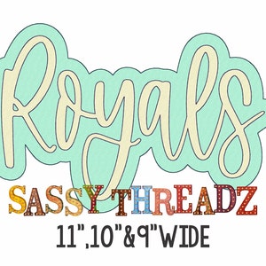 May include: A light blue cookie cutter with the word "Royals" in a white script font. The cookie cutter is surrounded by a colorful, multi-colored, light-up sign that reads "SASSY THREADZ" and "11", "10", & "9" WIDE".