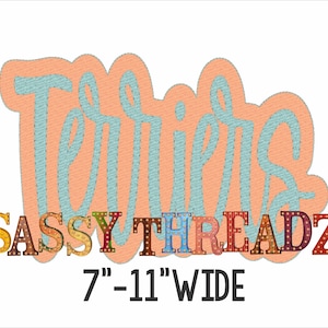 Op de afbeelding: Een grafisch ontwerp met het woord "Terries" in lichtblauwe letters op een oranje achtergrond. Daaronder staat de tekst "SASSY THREADZ" in kleurrijke, patroonletters. De tekst "7"-11" WIDE" staat onderaan.
