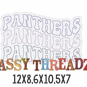 May include: A white sticker with the word "PANTHERS" in a layered, retro font. Below, the text "SASSY THREADZ" is in a colorful, marquee-style font. The sticker's dimensions are 12x8.6, 6x10.5, and 5x7 inches.