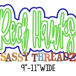 May include: Green "You're Welcome" text with a blue outline. Below the text is "SASSY THREADZ" in colorful letters with light bulbs. The text "9" - 11" WIDE" is below the letters.