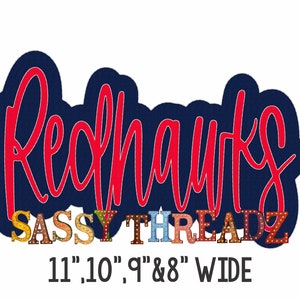 May include: Redhawl's SASSY THREADZ in red lettering on a dark blue background. The text is in a script font. Below the text is a row of colorful letters that spell out "SASSY THREADZ". The letters are in a vintage style with light bulbs. Below the letters is the text "11",10",9"&8" WIDE".