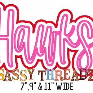 May include: Pink "Hawks" text with a red outline. Below the text is "SASSY THREADZ" in colorful block letters with light bulbs. The text "7", "9", and "11" WIDE is below the logo.