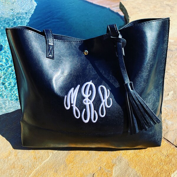 Monogrammed Vegan Leather Tote Purse with Tassel