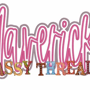 Può includere: Logo rosa e grigio con il testo "Maverick Sassy Threadz" in lettere colorate con motivi.