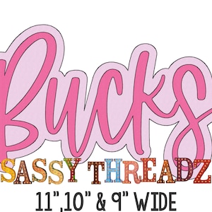 May include: Pink cursive lettering that reads "Bucks" with a multi-colored sign below that reads "SASSY THREADZ" and "11'10" & 9' WIDE".