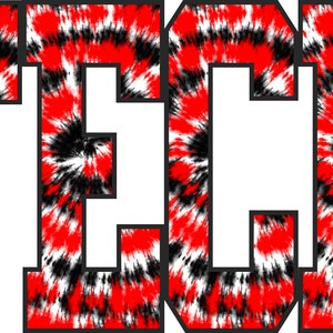 May include: The word "TECH" in white letters with a black outline, against a red, white and black tie-dye background.
