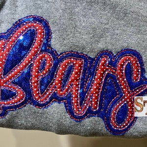 May include: A gray fabric item with a large, embroidered "Bears" design. The design features a blue sequined base, red polka-dot lettering, and a red border. A small "ST" tag is visible.