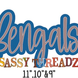 May include: A blue and pink logo with the text "Bengals" in a cursive font. Below the text is a colorful sign that reads "SASSY THREADZ" with light bulbs. The text "11, 10 & 9" is below the sign.