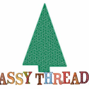 May include: A green Christmas tree maze with the words "SASSY THREADZ" underneath in colorful block letters.