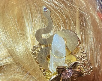 Medusa Hairpin, Gold Hair Pin, Handmade Hairpin, Hair pick,  Gift Ideas - Bridesmaid Gift- Quartz Crystal Hairpin