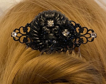 Large Skull Hair Comb, Silver and Black Comb - Floral Comb - Gift Idea - Bridal Hair Comb