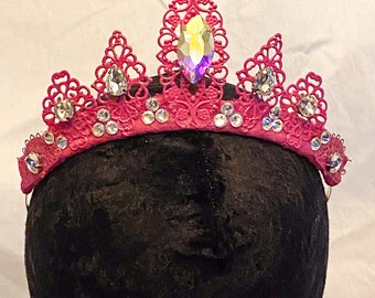 Bright Pink Crystal Crown -  Bridal Crown- Wedding Headpiece - Handmade Crown - Festival Crown
