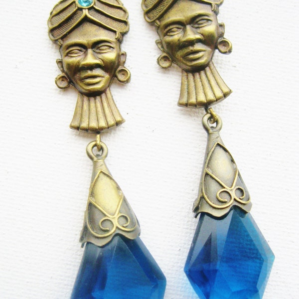 Vintage Blackamoor Earrings - Brilliant Blue Czech Glass Earrings - Brass Statement Dangles - Egyptian Revival Jewelry - Vintage Jewelry