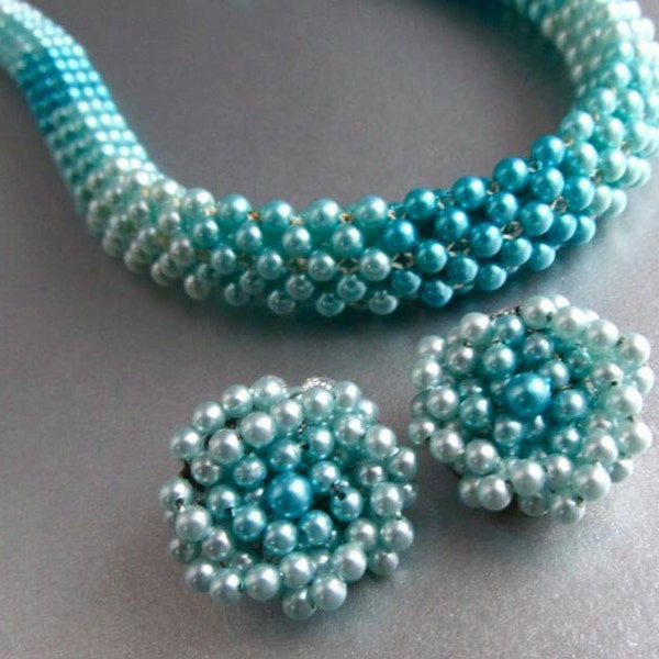 JAPAN Blue Beaded Necklace & Earrings Set - Shades of Turquoise Blue Necklace Earrings Demi Parure - Signed Costume Jewelry - Beaded Jewelry