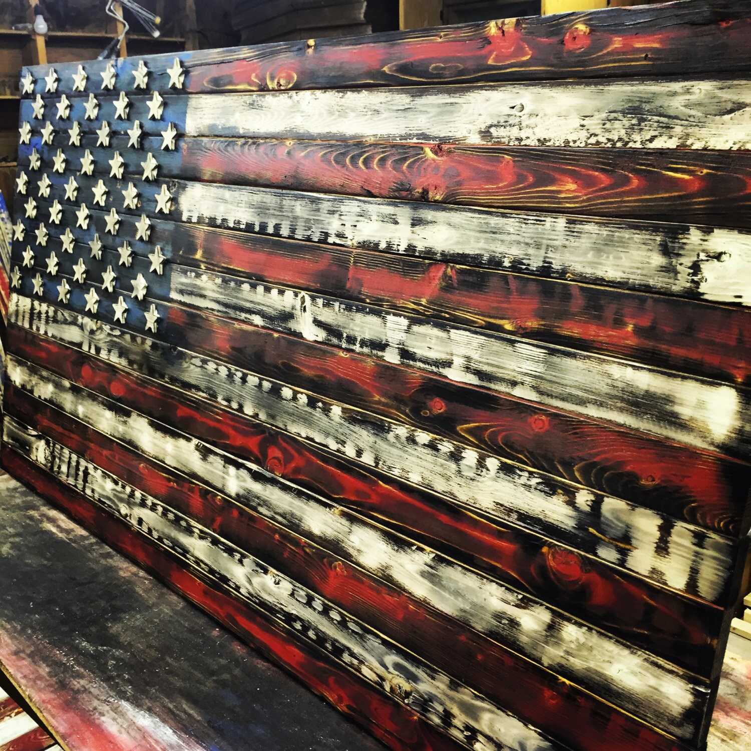 Distressed Rustic Wooden American Flag 4' Burnt Effect Etsy