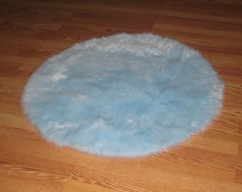 5' Large Round Baby Blue faux fur rug non-slip washable great for any boys room easy carefree soft