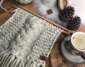 Knitting Pattern DIY The Blowing Rock Cozy Fringe Cable Knit Scarf, Shawl Hand Knitted Women's Boho Style Scarf