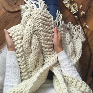 May include: A white knitted throw blanket with fringe on the edges. The blanket is folded and held by a person's hands.