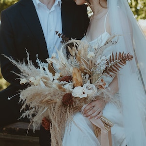 BELLA | Boho Wood Flower Wedding Bouquet with Pampas Grasses and Protea