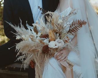BELLA | Boho Wood Flower Wedding Bouquet with Pampas Grasses and Protea