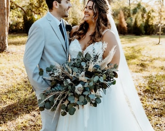 LAKEN | Wood Flower Wedding Bouquet with Sola Wood Flowers, Pampas Grass & Eucalyptus