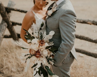 ALEXANDRA | Wood Flower Wedding Bouquet, Boho Bridal Flowers with Rust, Terracotta and Pampas Grass
