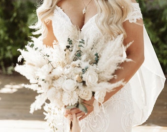 TRINITY | Wood Flower Wedding Bouquet with Pampas Grass, Ivory Bridal Bouquet
