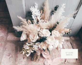 TRINITY | Wood Flower Wedding Bouquet with Pampas Grass and Sola Flowers in Ivory