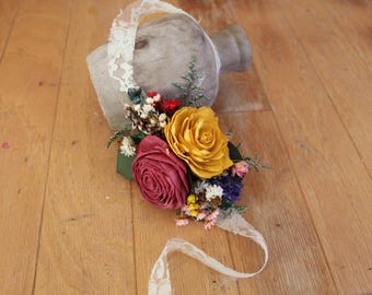 Wood Flower Wildflower Wrist Corsage with Dried Florals in Shades of Pink and Orange