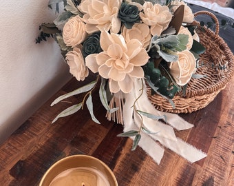 READY TO SHIP ~ Wood Flower Wedding Bouquet in shades of duty blue, ivory, white with faux and dried greenery and eucalyptus