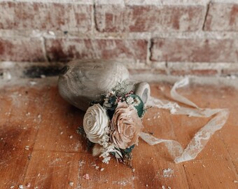 Wood Flower Classic Wrist Corsage with Eucalyptus in Ivory and Champagne