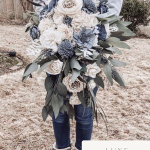 BRITTNEY | Wood Flower Wedding Bouquet with Cascading Greenery in Dusty Blue