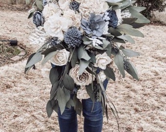 BRITTNEY | Wood Flower Wedding Bouquet Cascading Greenery with Dusty Blue and Ivory