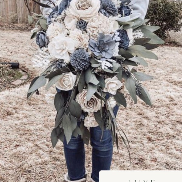 BRITTNEY | Wood Flower Wedding Bouquet Cascading Greenery with Dusty Blue and Ivory