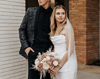 MARISSA | Wood Flower Wedding Bouquet Boho Bridal Flowers with Dusty Rose and Pampas Grass