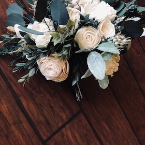 JUNIPER | Wood Flower Wedding Bouquet with Lamb's Ear and Ivory Sola Flowers