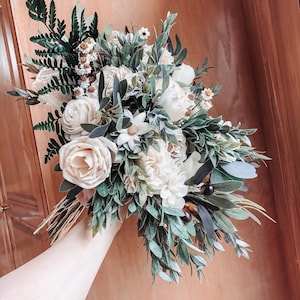 BREANNA | Wood Flower Wedding Bouquet with Eucalyptus and Sola Flowers in Ivory