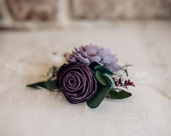 Wood Flower Moody Wrist Corsage with Dried Florals and Eucalyptus in shades of Purple